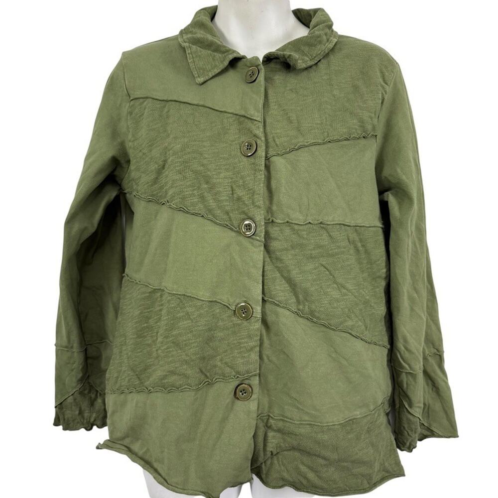 Habitat Womens Olive Green Lagenlook Stretch Cotton Knit Jacket Button Up sz S